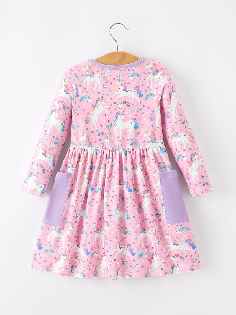 Pink Unicorn Girls Pocket Dress Rainbow Star Print - 2