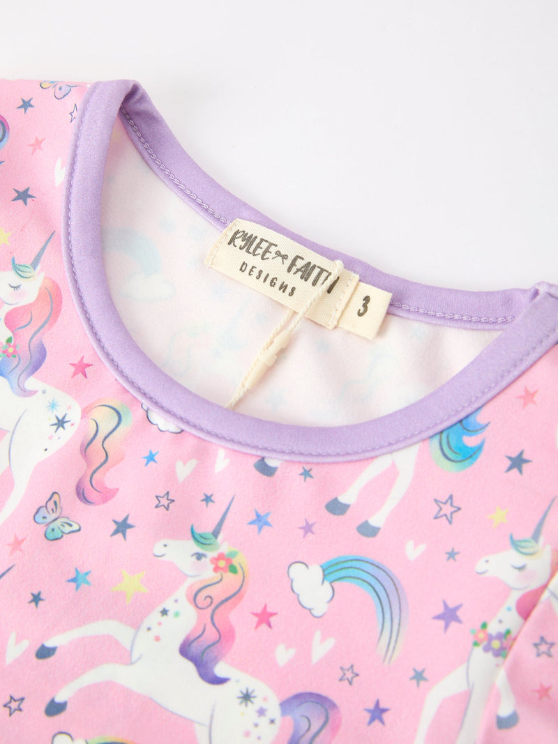 Pink Unicorn Girls Pocket Dress Rainbow Star Print - 3