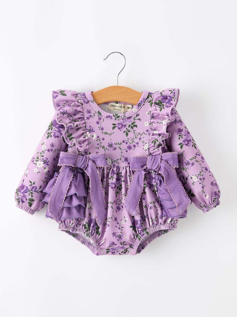 Fall Lavender Floral Print Girls Long Sleeve Romper - 8