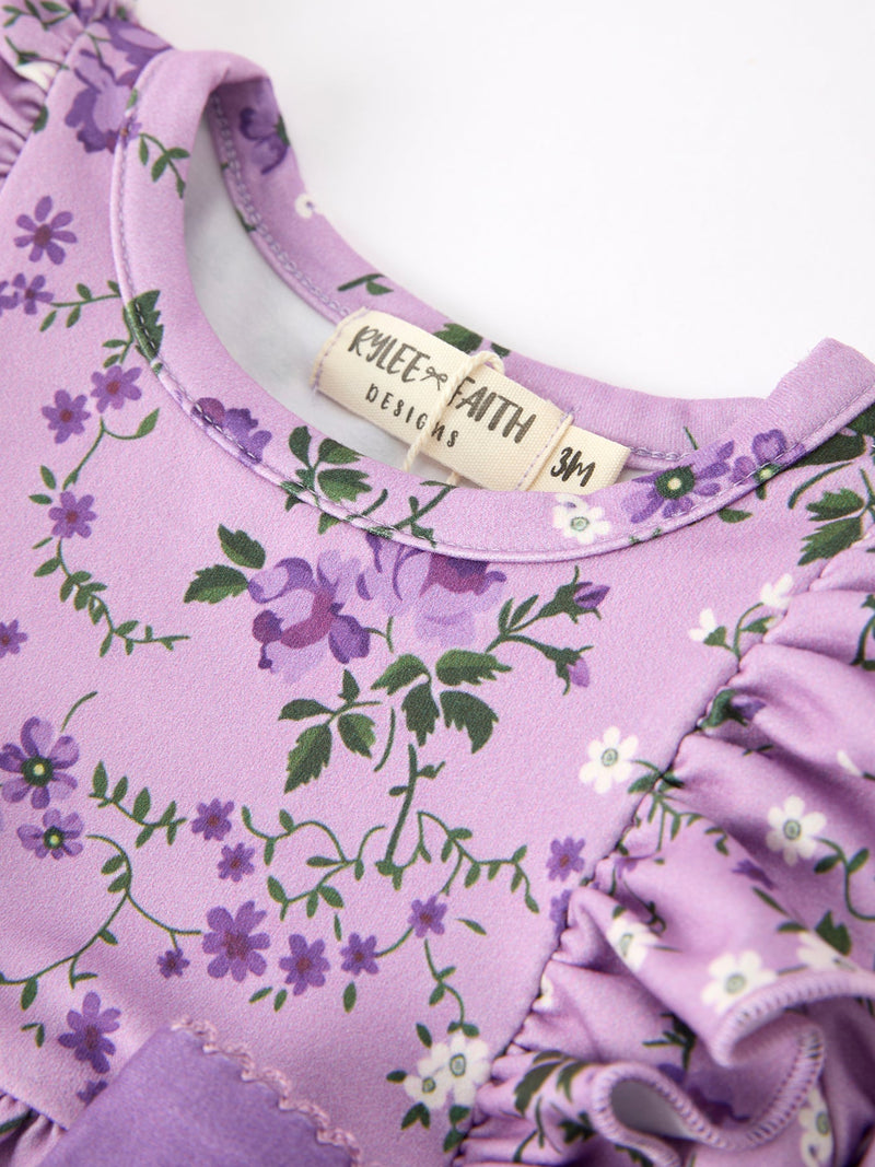 Fall Lavender Floral Print Girls Long Sleeve Romper - 10