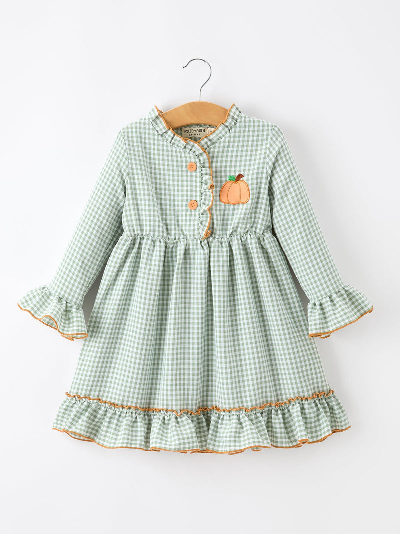 Fall Plaid Girls Dress Pumpkin Applique Ruffle Button Dress - 1