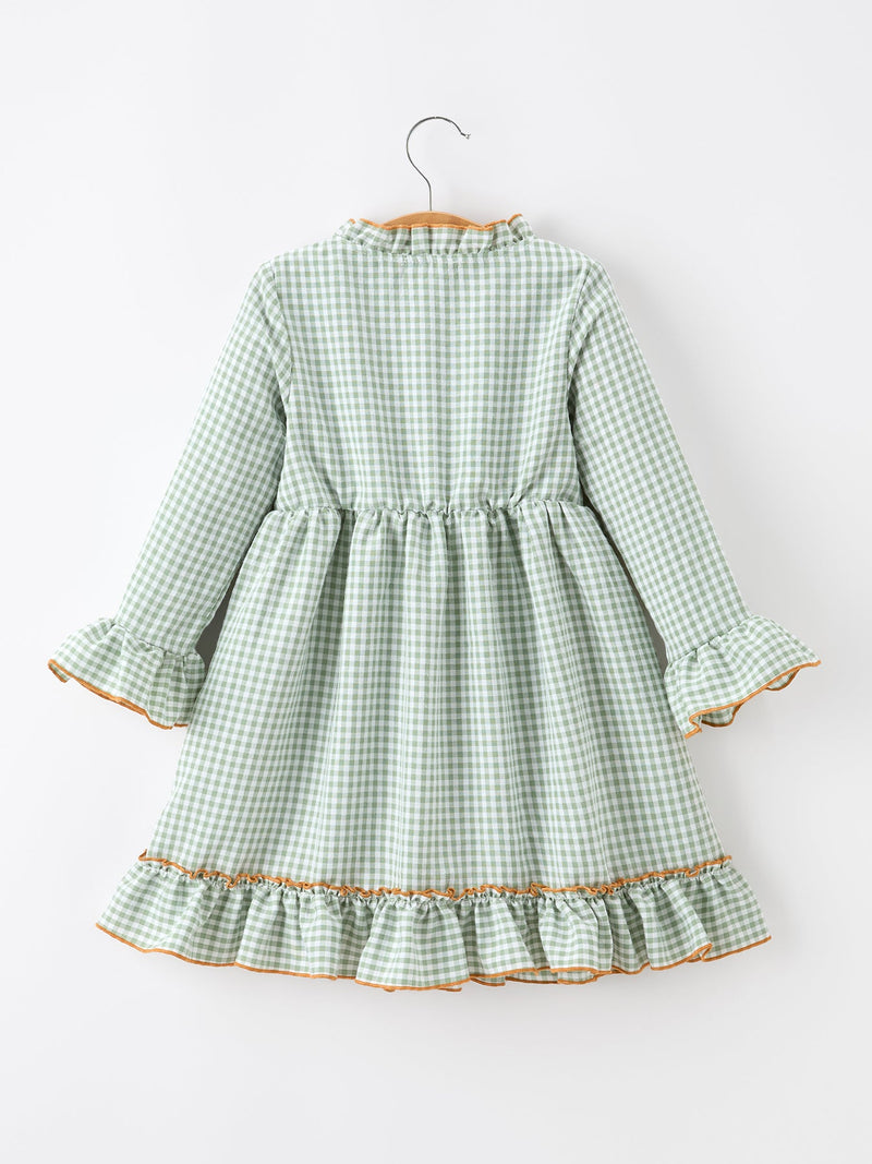 Fall Plaid Girls Dress Pumpkin Applique Ruffle Button Dress - 2