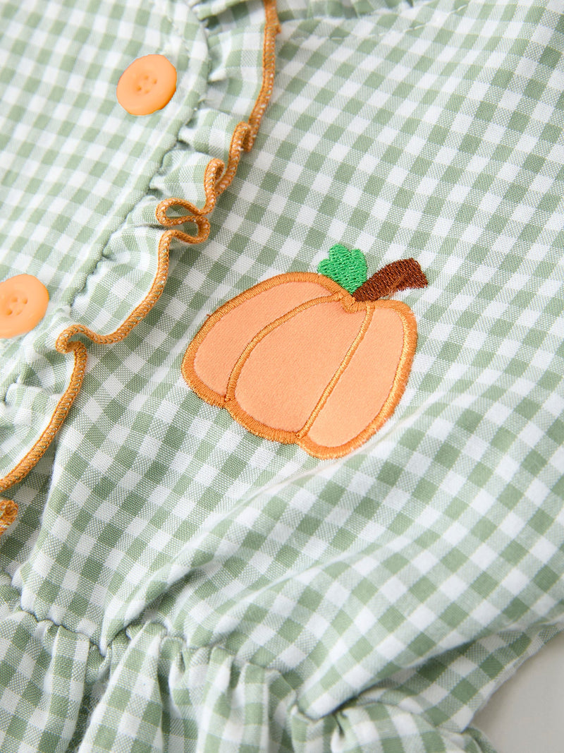 Fall Plaid Girls Dress Pumpkin Applique Ruffle Button Dress - 4