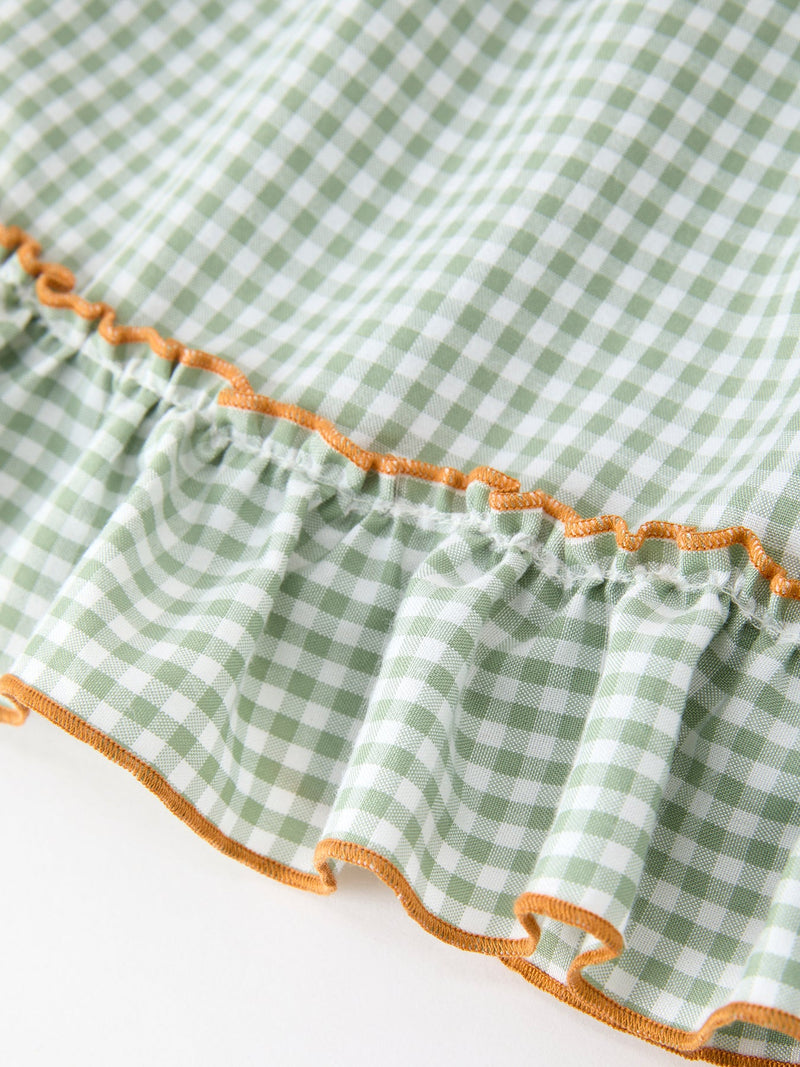 Fall Plaid Girls Dress Pumpkin Applique Ruffle Button Dress - 5