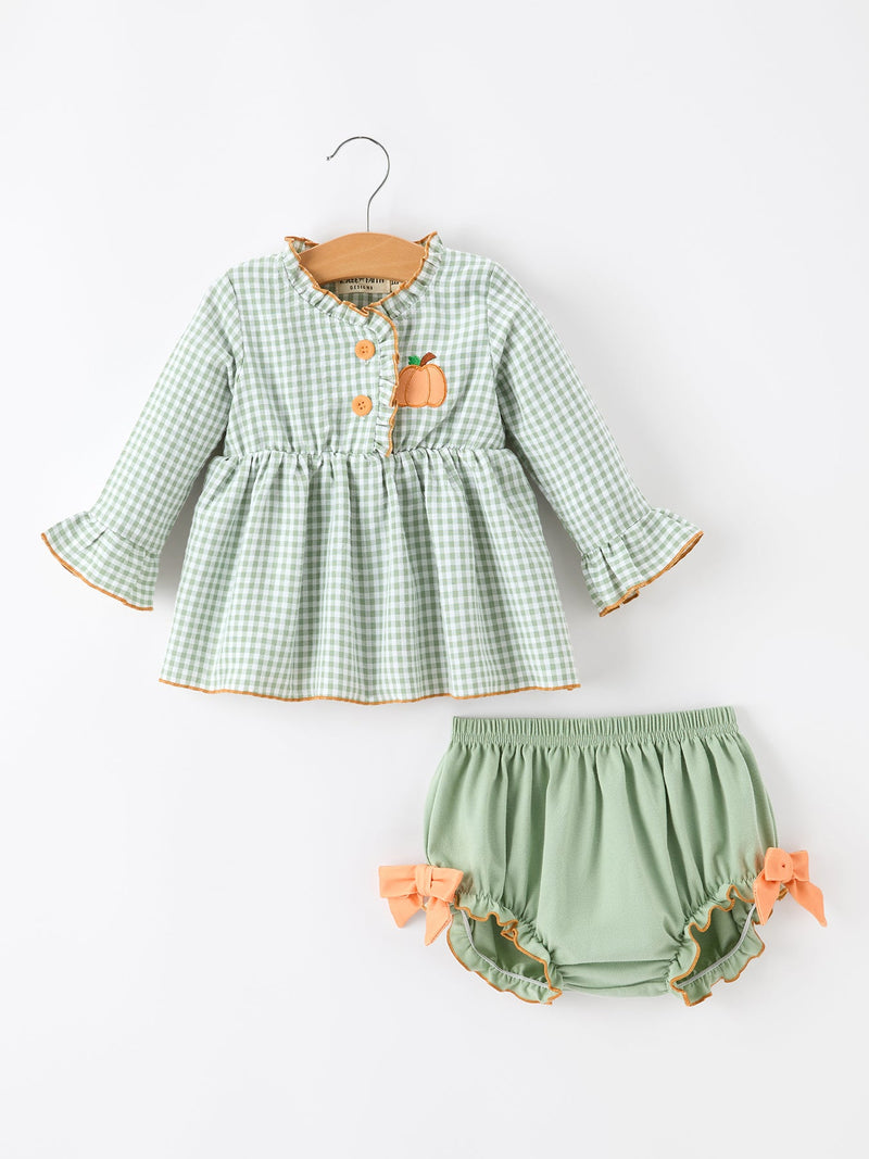 Fall Plaid Baby Girl Outfit Set Pumpkin Applique Ruffle Top Bloomer - 1