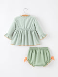 Fall Plaid Baby Girl Outfit Set Pumpkin Applique Ruffle Top Bloomer - 2