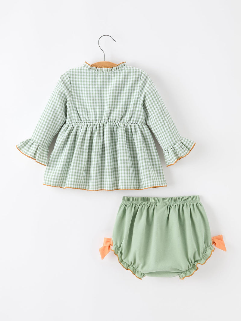 Fall Plaid Baby Girl Outfit Set Pumpkin Applique Ruffle Top Bloomer - 2