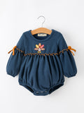 Thanksgiving Fall Turkey Applique Navy Baby Girls Romper - 1