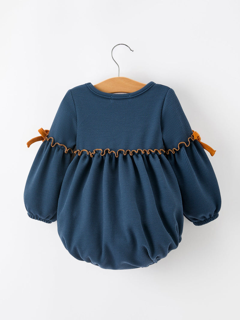Thanksgiving Fall Turkey Applique Navy Baby Girls Romper - 2
