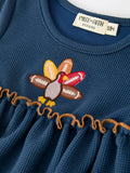 Thanksgiving Fall Turkey Applique Navy Baby Girls Romper - 3