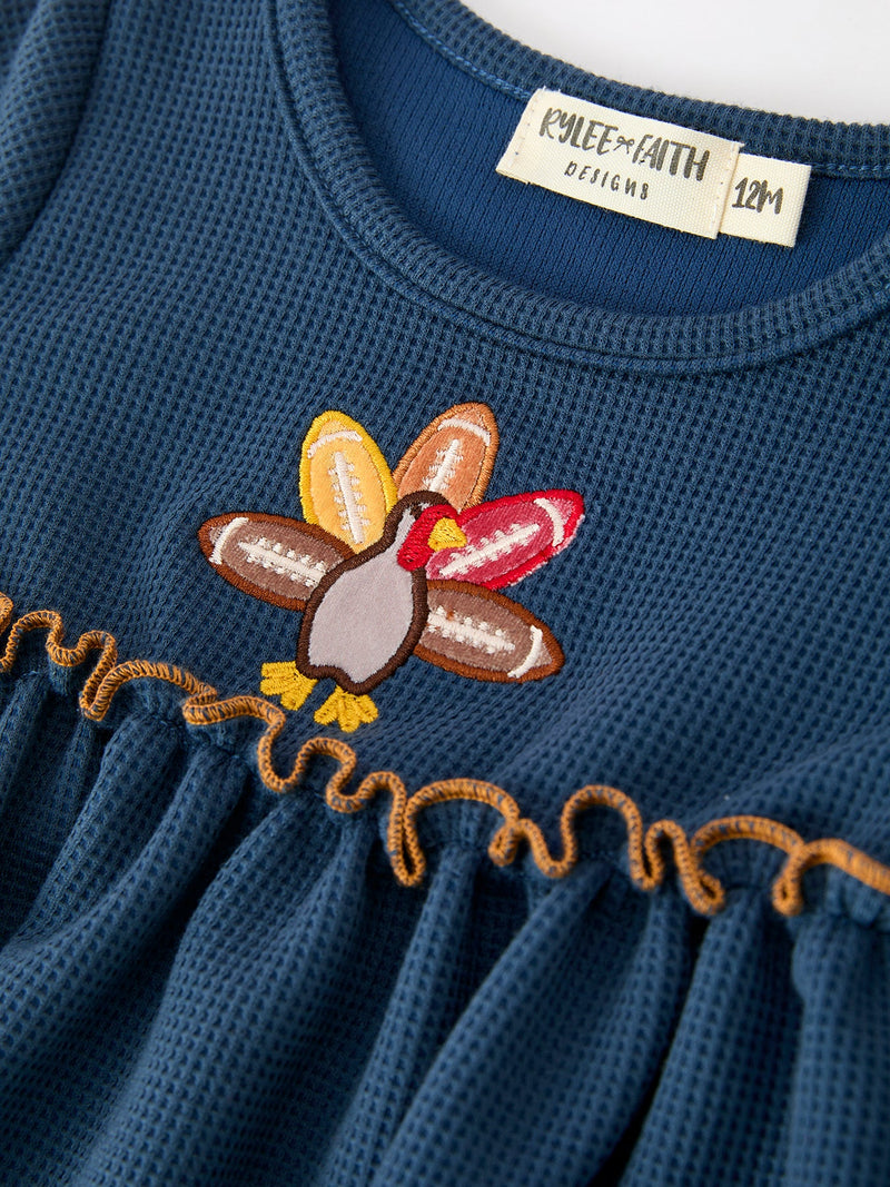 Thanksgiving Fall Turkey Applique Navy Baby Girls Romper - 3