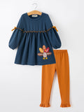 Thanksgiving Turkey Applique Girls Outfit Set Navy Top Orange Pants Set - 1