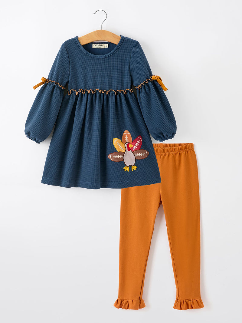 Thanksgiving Turkey Applique Girls Outfit Set Navy Top Orange Pants Set - 1