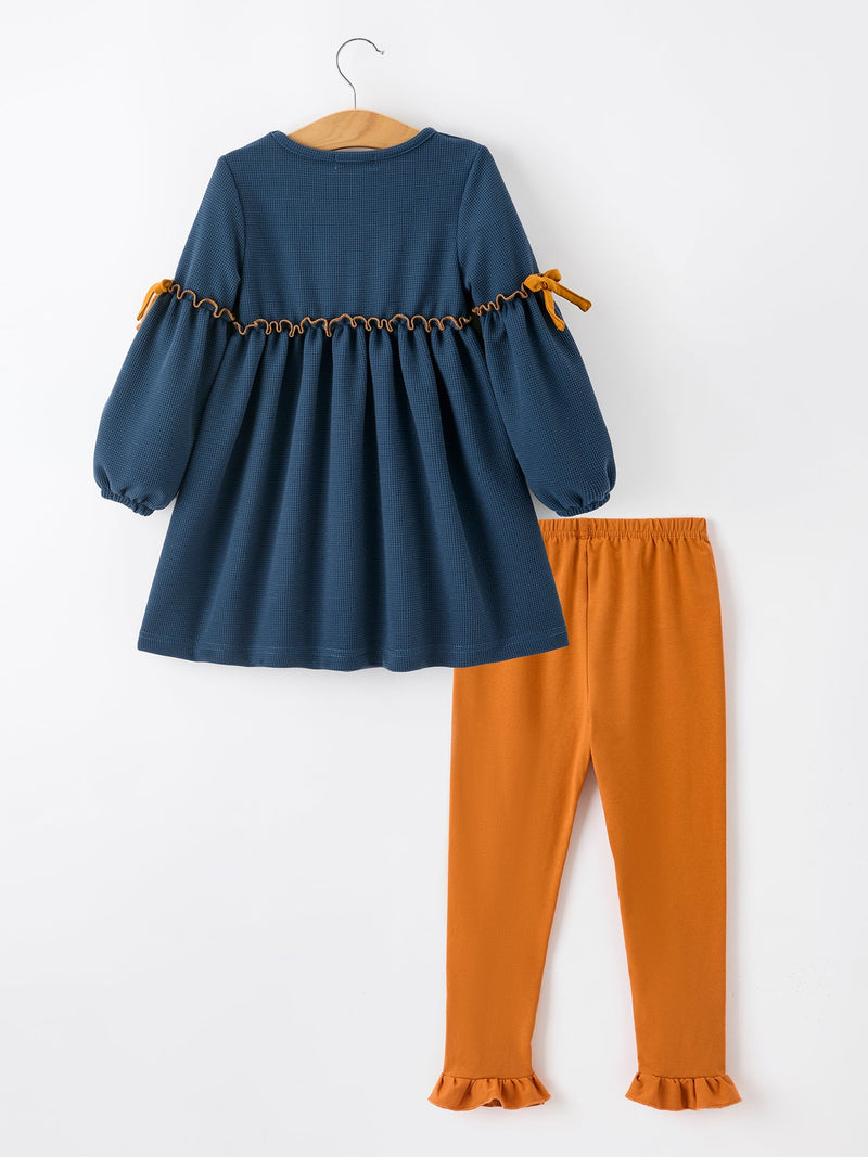 Thanksgiving Turkey Applique Girls Outfit Set Navy Top Orange Pants Set - 2