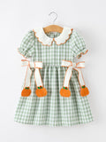 Fall Plaid Girls Dress Pumpkin Bow Smocked Peter Pan Collar - 1