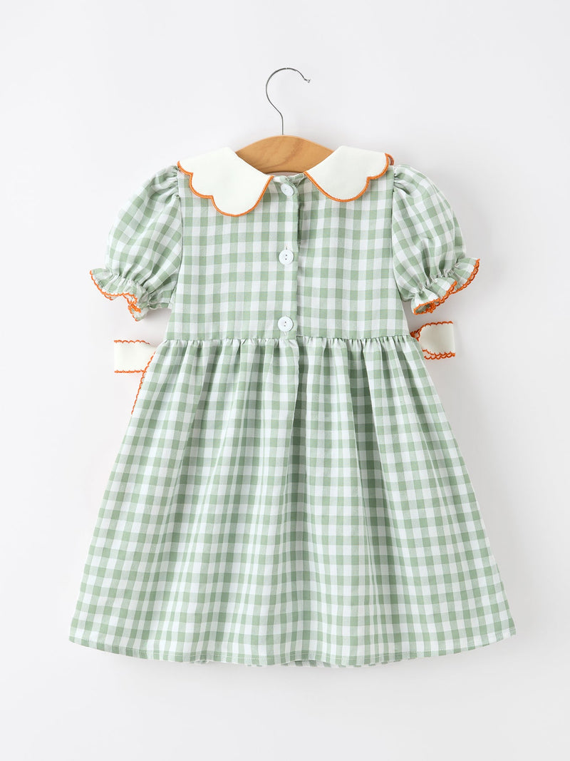 Fall Plaid Girls Dress Pumpkin Bow Smocked Peter Pan Collar - 2