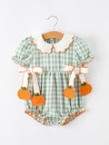 Fall Plaid Baby Girl Romper Pumpkin Bow Peter Pan Collar - 6