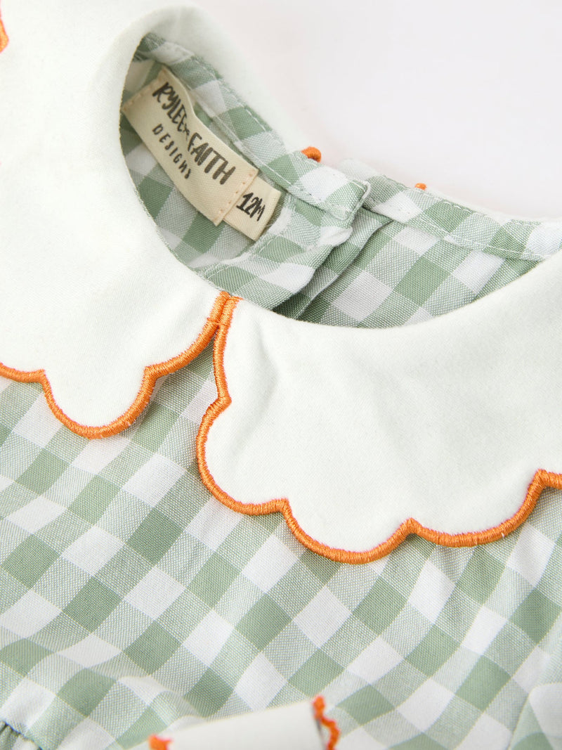 Fall Plaid Baby Girl Romper Pumpkin Bow Peter Pan Collar - 8