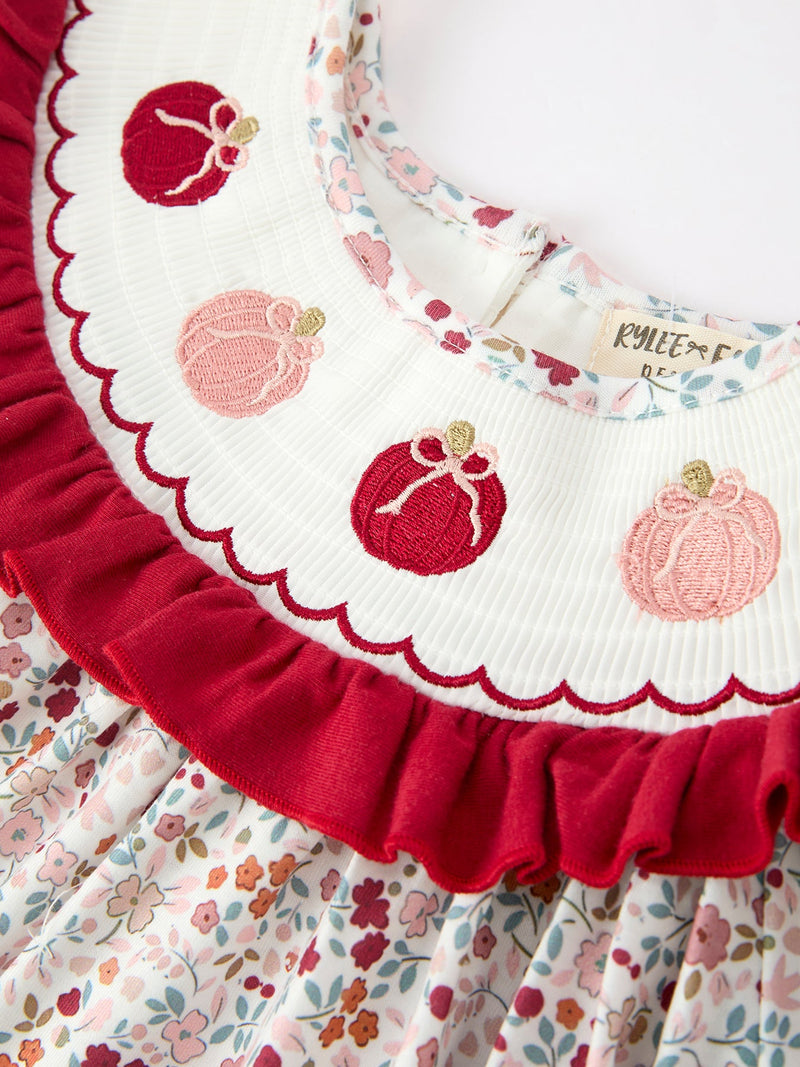 Fall Pumpkin Embroidery Girls Dress Floral Ruffle Collar Dress - 3