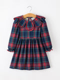 Fall Plaid Girl Dress Petal Collar Puff Sleeve Long Sleeve - 1