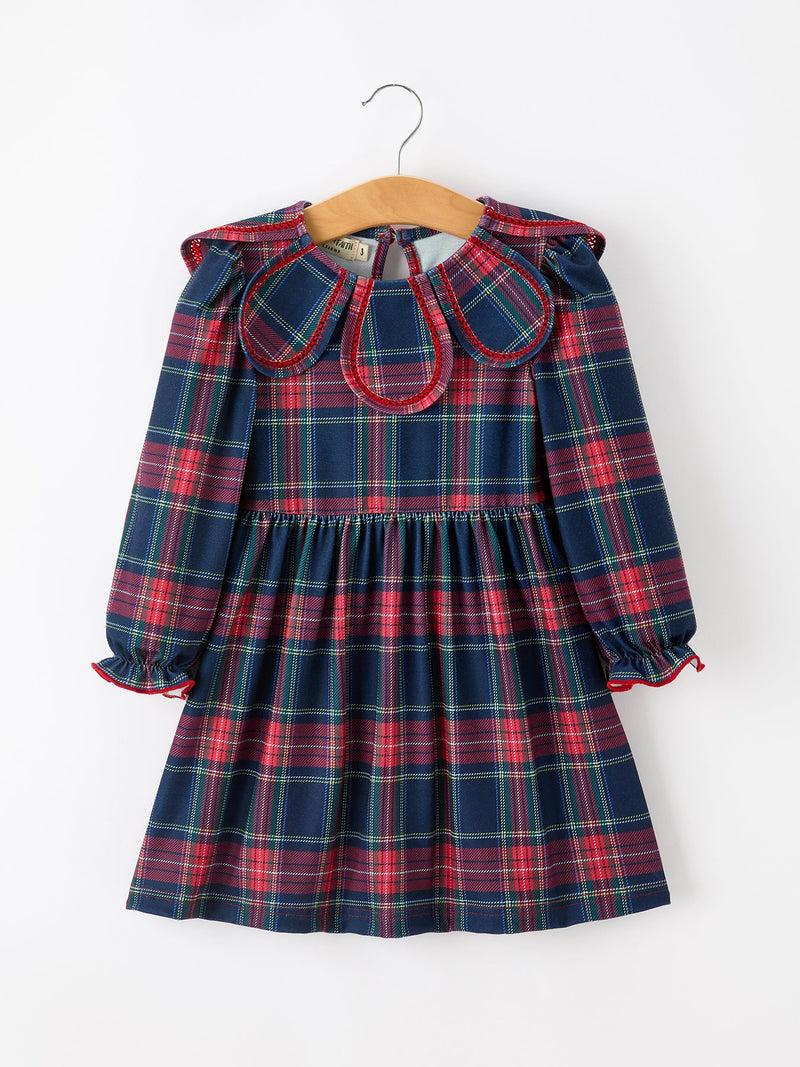 Fall Plaid Girl Dress Petal Collar Puff Sleeve Long Sleeve - 1