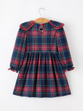 Fall Plaid Girl Dress Petal Collar Puff Sleeve Long Sleeve - 2