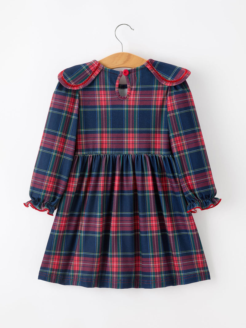 Fall Plaid Girl Dress Petal Collar Puff Sleeve Long Sleeve - 2