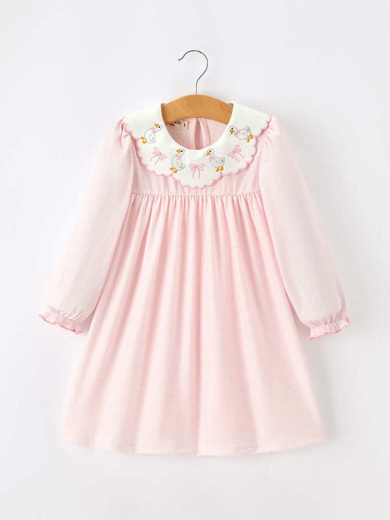 Pink Duck Embroidered Baby Girl Dress Peter Pan Collar Bow Dress - 1