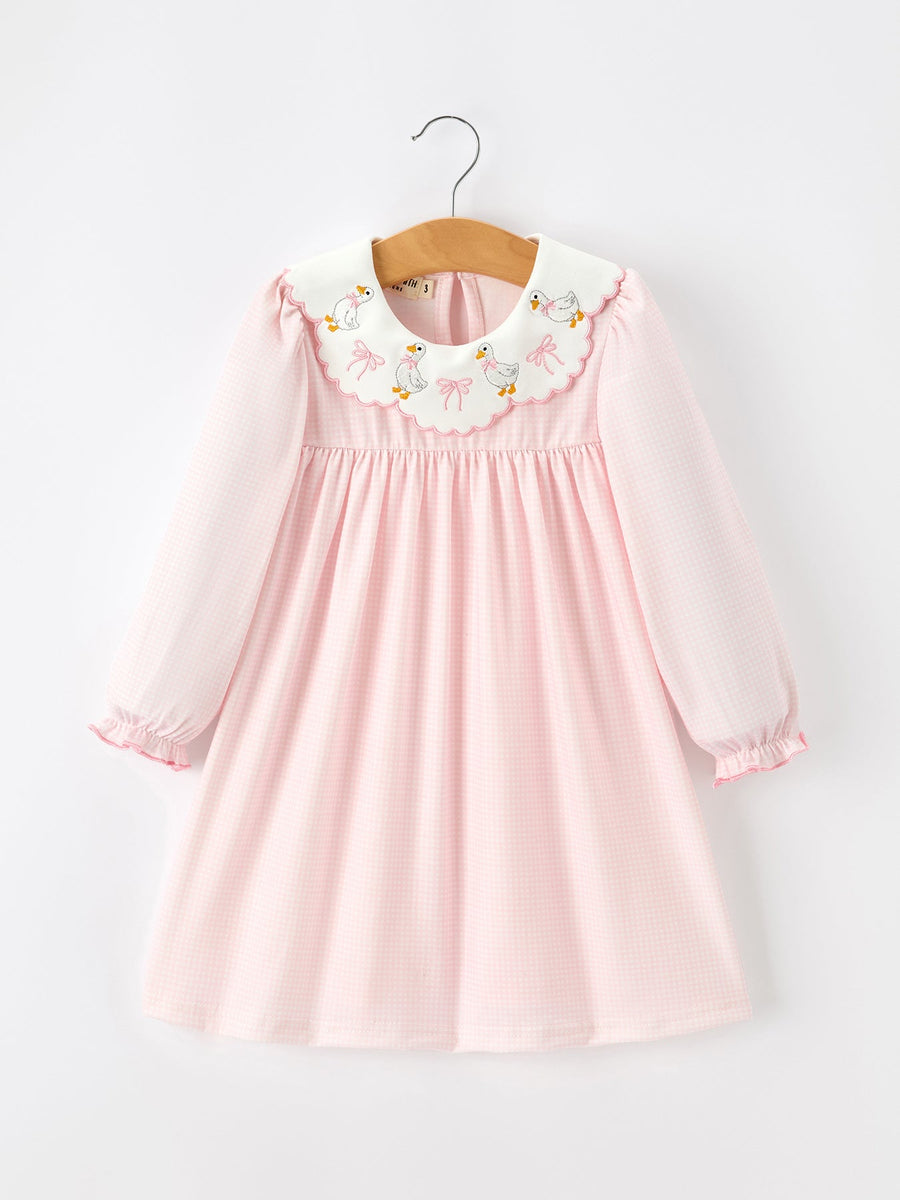 Pink Duck Embroidered Baby Girl Dress Peter Pan Collar Bow Dress