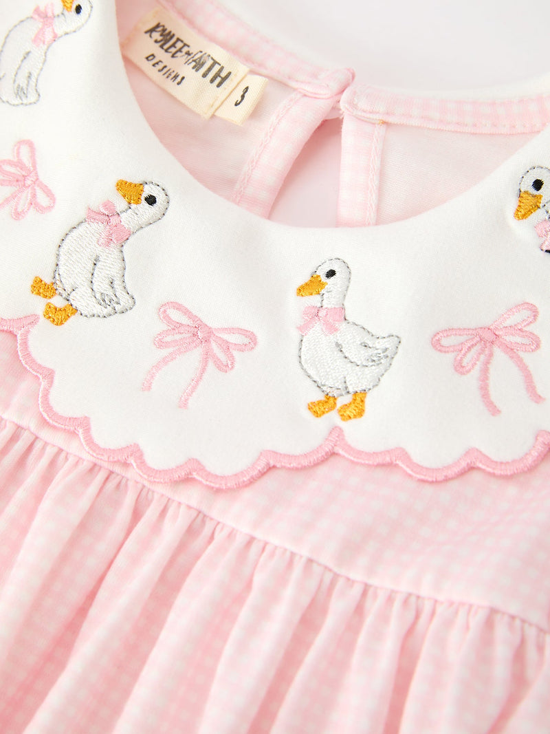Pink Duck Embroidered Baby Girl Dress Peter Pan Collar Bow Dress - 3