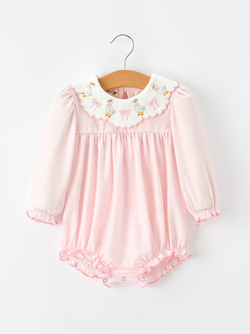Pink Duck Embroidered Baby Girl Romper Ruffle Collar - 1