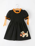 Girls Halloween Dog Pumpkin Embroidered Dress Puff Sleeve - 1