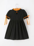 Girls Halloween Dog Pumpkin Embroidered Dress Puff Sleeve - 2