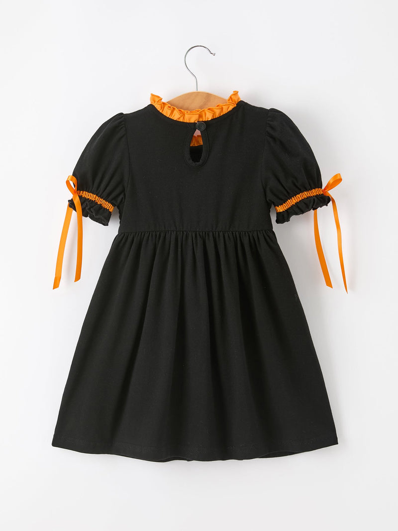 Girls Halloween Dog Pumpkin Embroidered Dress Puff Sleeve - 2