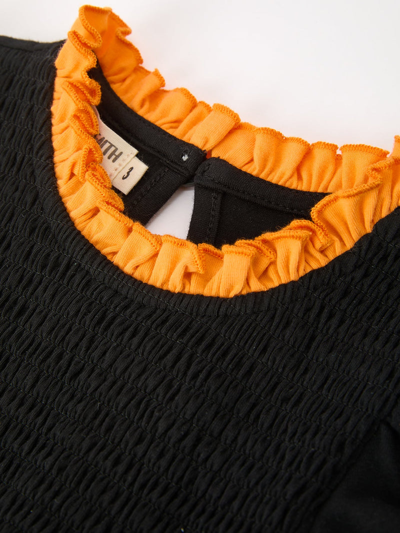 Girls Halloween Dog Pumpkin Embroidered Dress Puff Sleeve - 3