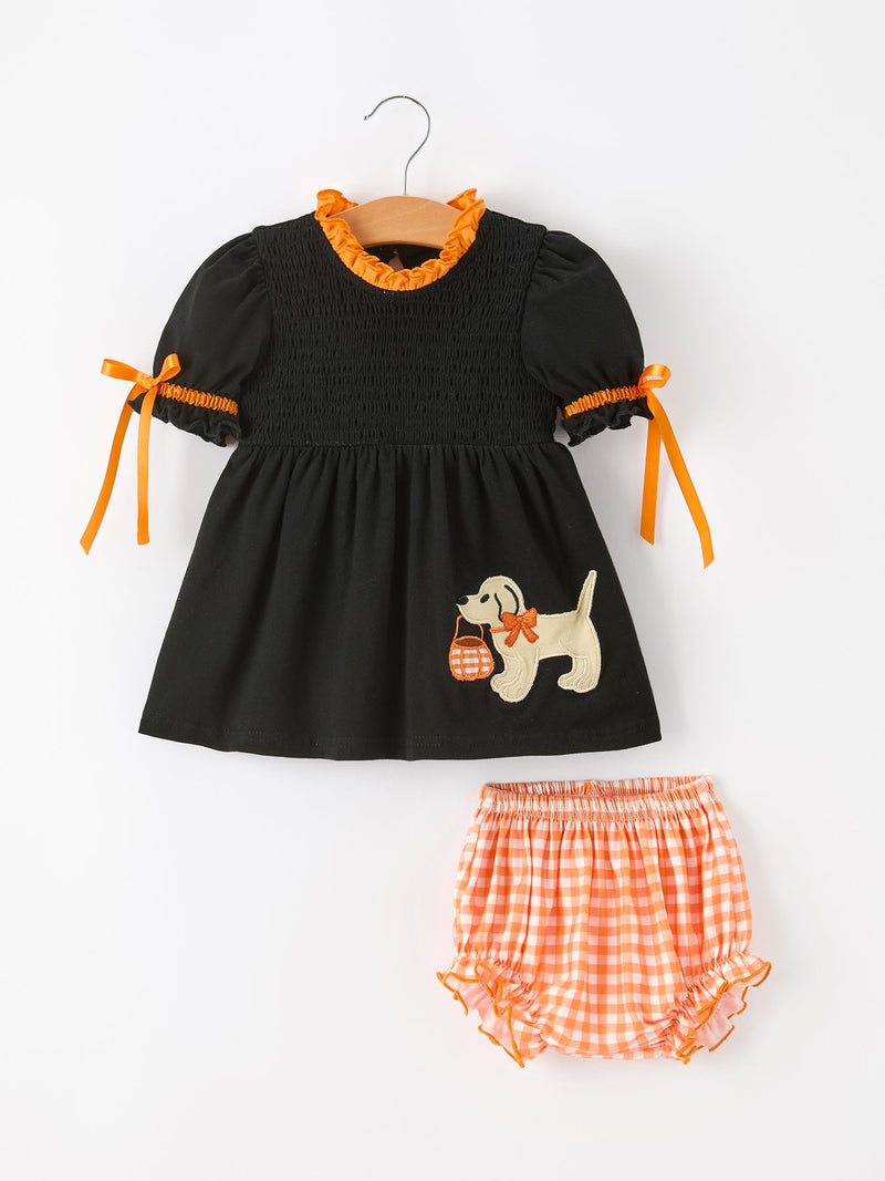 Girls Halloween Dog Pumpkin Black Bloomers Set - 1