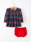 Fall Plaid Girl Set Petal Collar Puff Sleeve Bloomer - 1