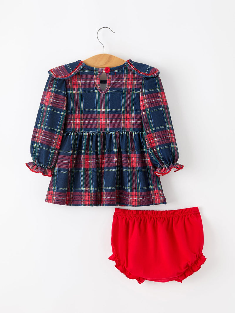 Fall Plaid Girl Set Petal Collar Puff Sleeve Bloomer - 2