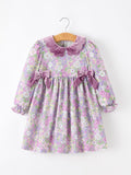Purple Floral Girls Dress Velvet Collar Bow Long Sleeve Dress - 1
