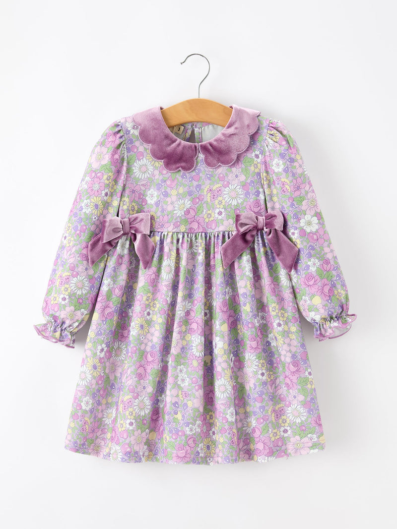 Purple Floral Girls Dress Velvet Collar Bow Long Sleeve Dress - 1