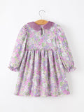 Purple Floral Girls Dress Velvet Collar Bow Long Sleeve Dress - 2