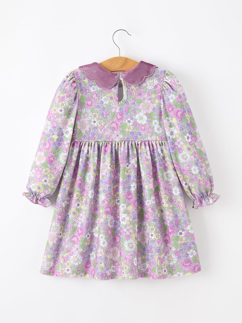 Purple Floral Girls Dress Velvet Collar Bow Long Sleeve Dress - 2