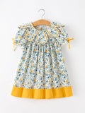 Floral Girls Dress Peter Pan Collar Yellow Trim Puff Sleeve Dress - 1