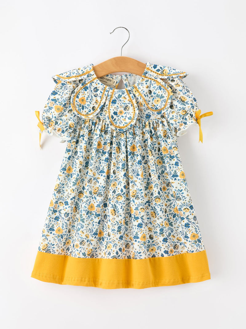 Floral Girls Dress Peter Pan Collar Yellow Trim Puff Sleeve Dress - 1