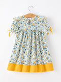 Floral Girls Dress Peter Pan Collar Yellow Trim Puff Sleeve Dress - 2