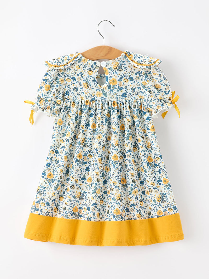Floral Girls Dress Peter Pan Collar Yellow Trim Puff Sleeve Dress - 2