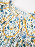 Floral Girls Dress Peter Pan Collar Yellow Trim Puff Sleeve Dress - 3