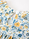 Floral Girls Dress Peter Pan Collar Yellow Trim Puff Sleeve Dress - 4