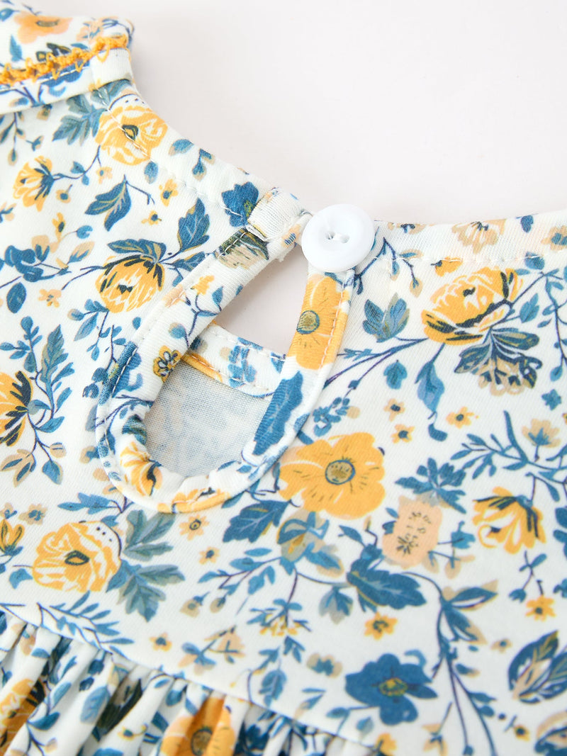 Floral Girls Dress Peter Pan Collar Yellow Trim Puff Sleeve Dress - 4