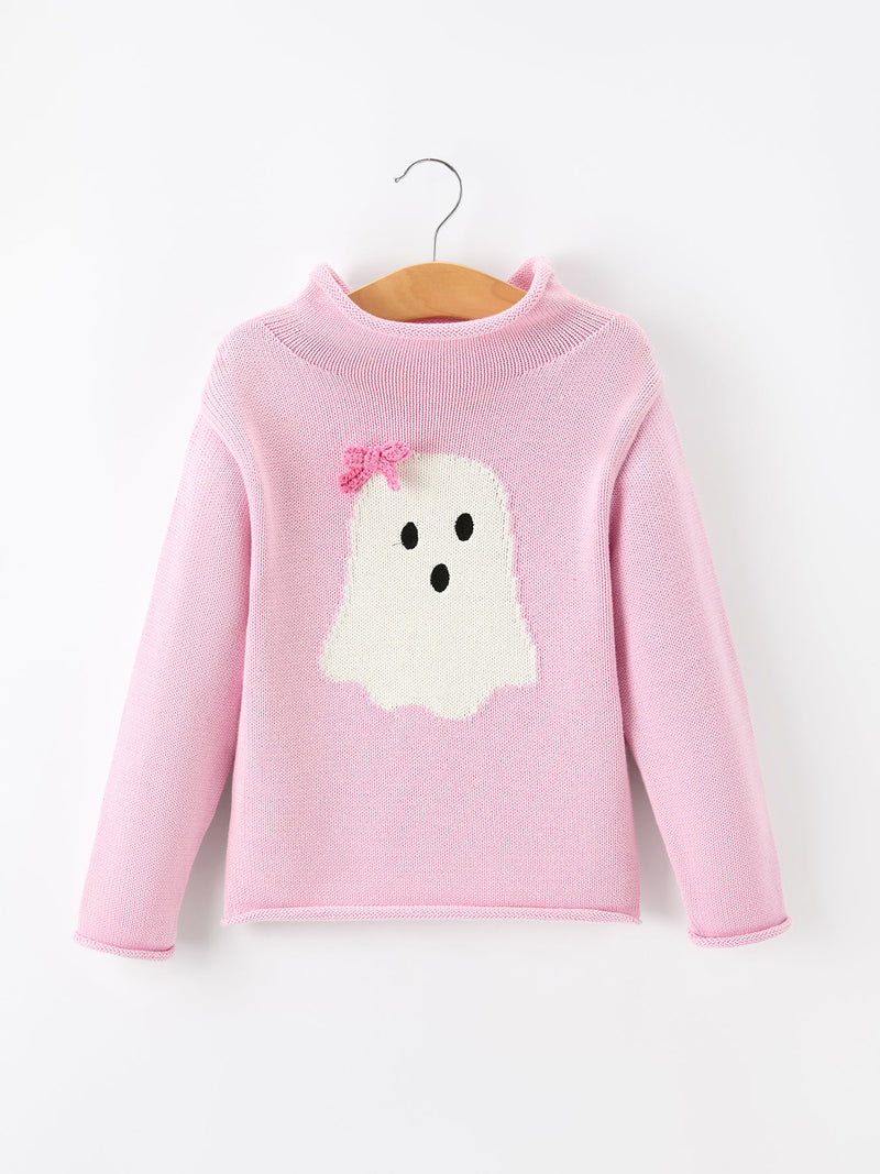 Girls Ghost Bow Knit Sweater Halloween Cute Embroidered Pullover - 1